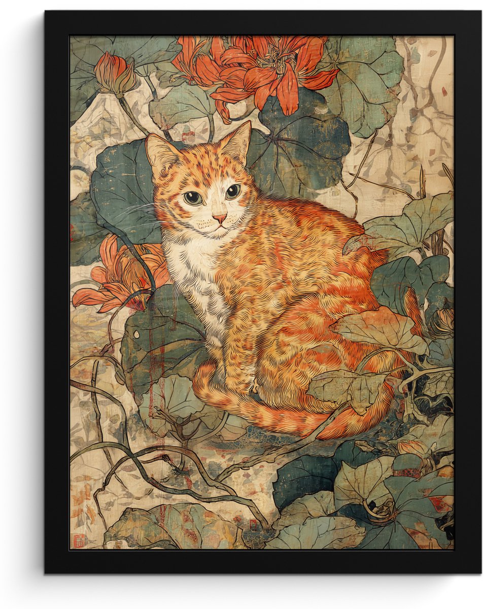 FrameYourWall Poster in lijst - Fotolijst 30x40 cm - Posters - Kat - Sierlijk - Bloemen - Posterlijst zwart - Decoratie - Wanddecoratie woonkamer - Muurdecoratie slaapkamer Kat - Bloemen