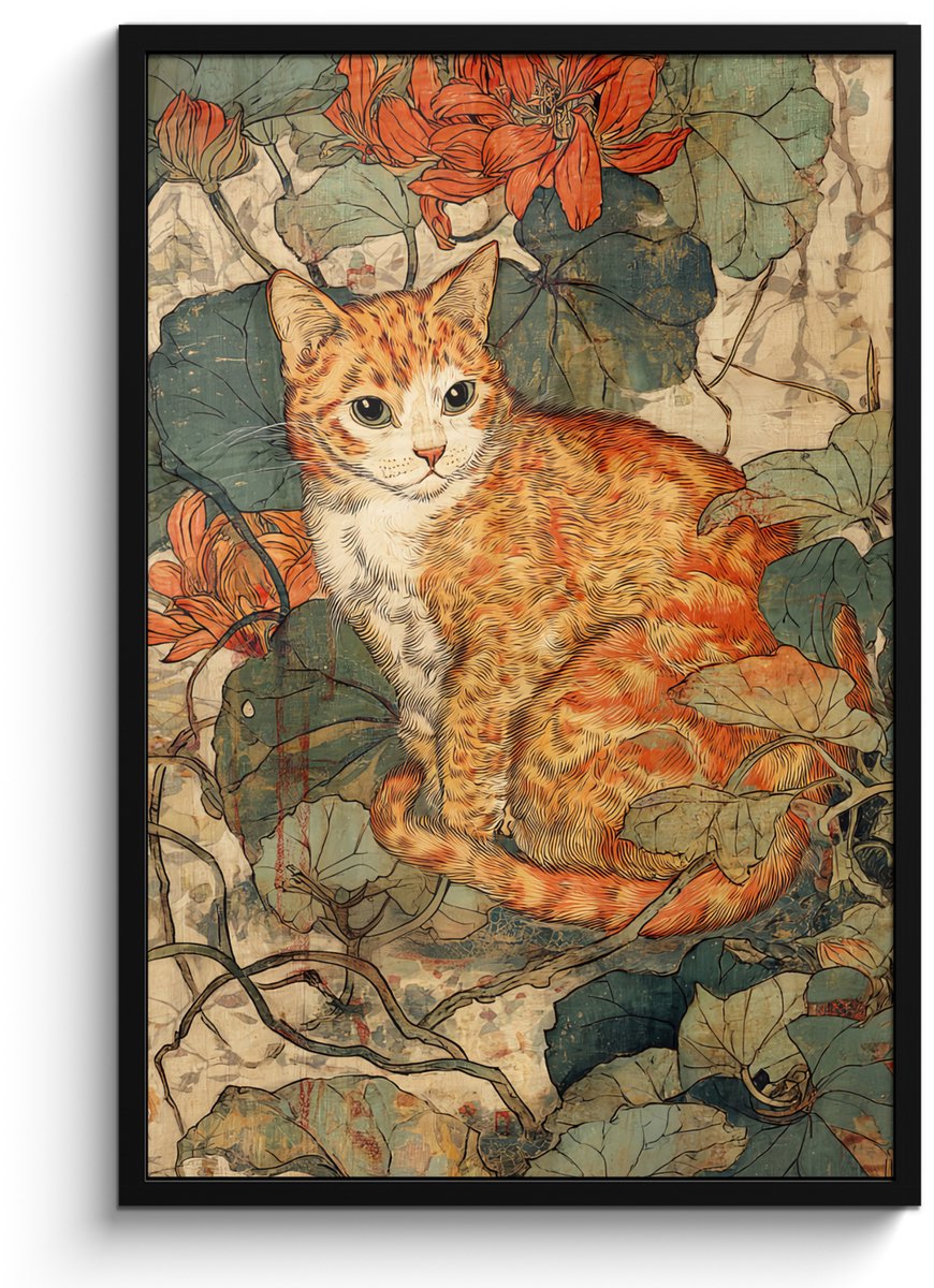 FrameYourWall Poster in lijst - Fotolijst 60x90 cm - Posters - Kat - Sierlijk - Bloemen - Posterlijst zwart - Decoratie - Wanddecoratie woonkamer - Muurdecoratie slaapkamer Kat - Bloemen