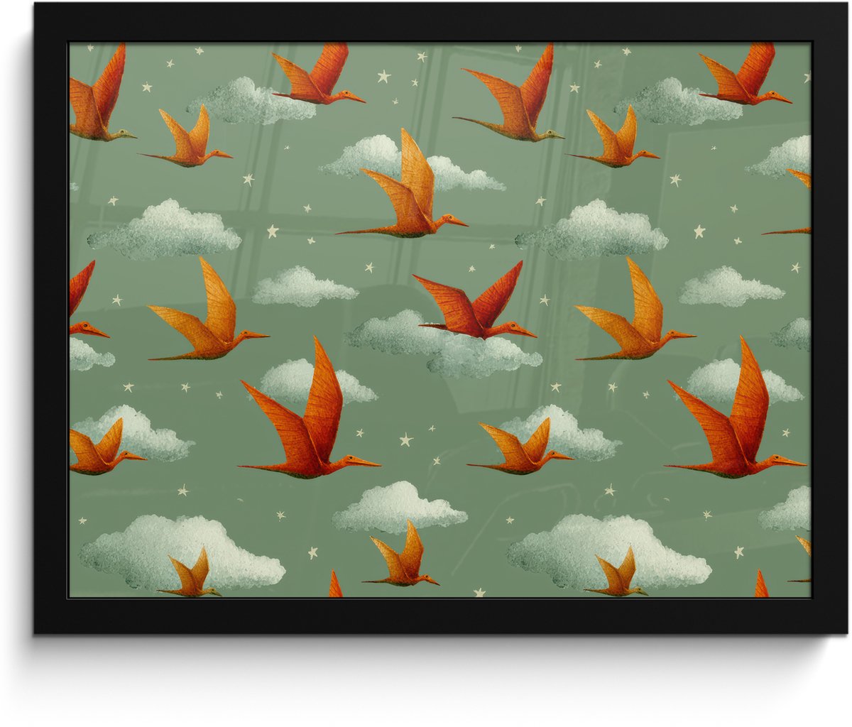 FrameYourWall Poster in lijst - Fotolijst 40x30 cm - Posters - Dinosaurussen - Wolken - Sterren - Oranje - Posterlijst zwart - Decoratie - Wanddecoratie woonkamer - Muurdecoratie slaapkamer