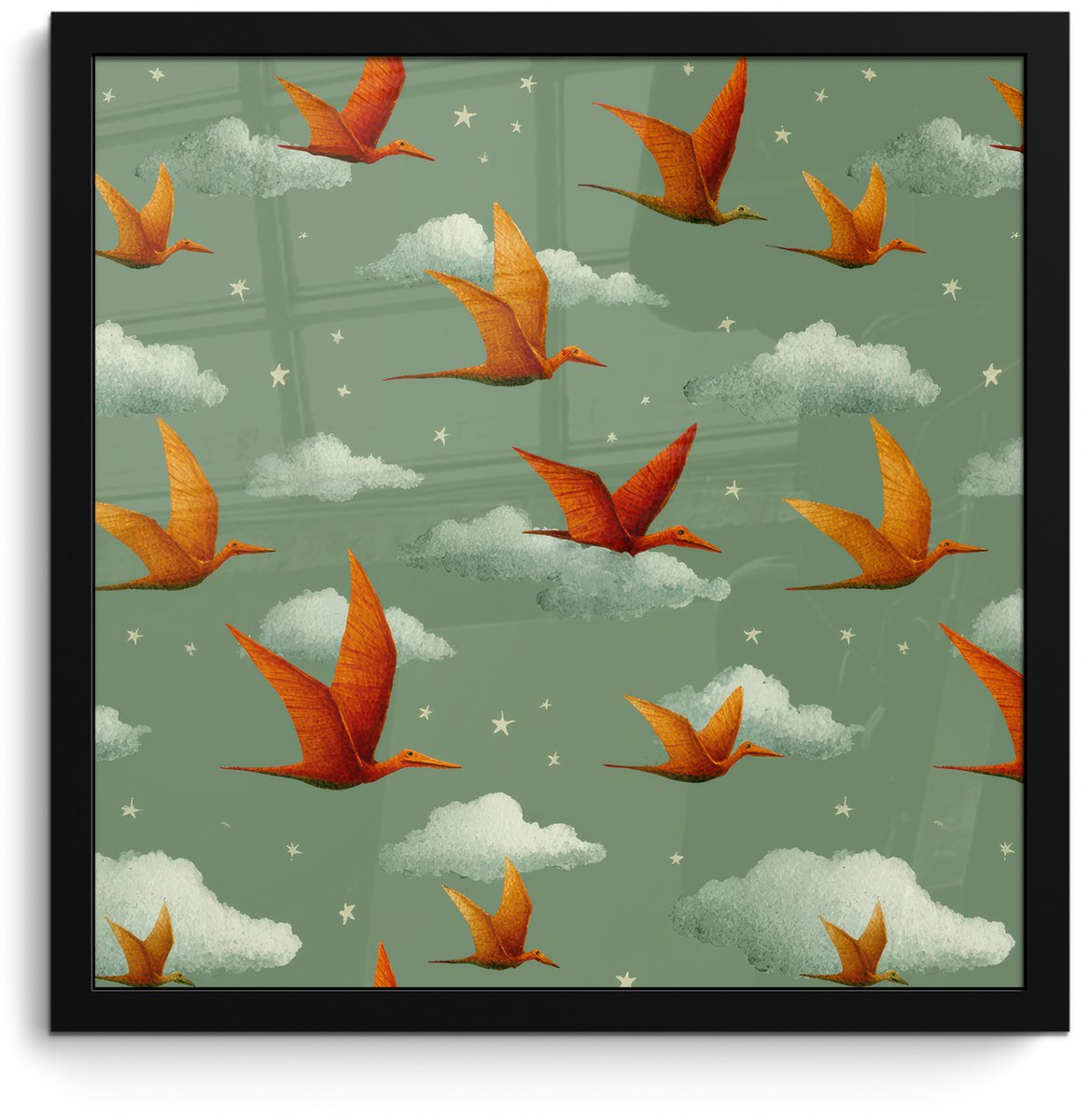 FrameYourWall Poster in lijst - Fotolijst 40x40 cm - Posters - Dinosaurussen - Wolken - Sterren - Oranje - Posterlijst zwart - Decoratie - Wanddecoratie woonkamer - Muurdecoratie slaapkamer