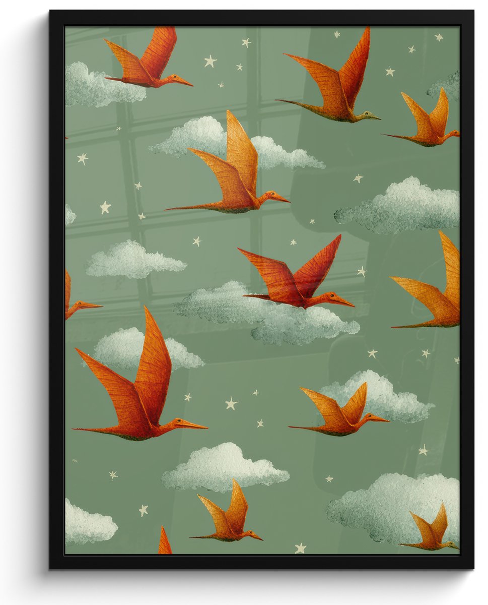 FrameYourWall Poster in lijst - Fotolijst 60x80 cm - Posters - Dinosaurussen - Wolken - Sterren - Oranje - Posterlijst zwart - Decoratie - Wanddecoratie woonkamer - Muurdecoratie slaapkamer