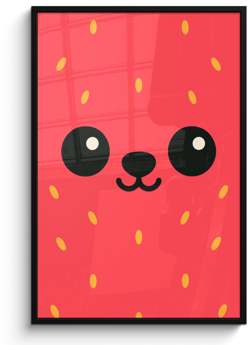 FrameYourWall Poster in lijst - Fotolijst 80x120 cm - Posters - Kat - Aardbei - Cartoon - Posterlijst zwart - Decoratie - Wanddecoratie woonkamer - Muurdecoratie slaapkamer