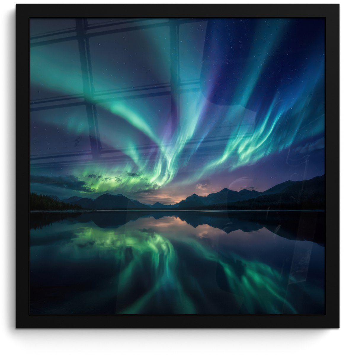 FrameYourWall Poster in lijst - Fotolijst 40x40 cm - Posters - Noorderlicht - Kleurrijk - Bergmeer - Posterlijst zwart - Decoratie - Wanddecoratie woonkamer - Muurdecoratie slaapkamer Noorderlicht - Meer - Bergen