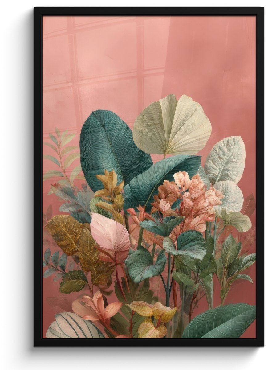 FrameYourWall Poster in lijst - Fotolijst 60x90 cm - Posters - Tropische bladeren - Bloemen - Roze - groen - Posterlijst zwart - Decoratie - Wanddecoratie woonkamer - Muurdecoratie slaapkamer Tropisch - Bladeren - Bloemen