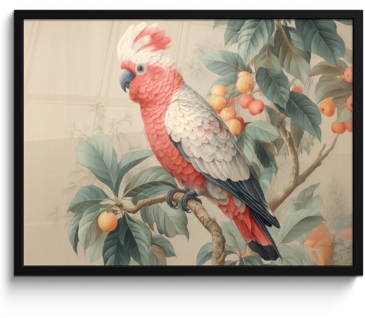 FrameYourWall Poster in lijst - Fotolijst 80x60 cm - Posters - Roze kuifkaketoe - Tak met vruchten - Bladeren - Posterlijst zwart - Decoratie - Wanddecoratie woonkamer - Muurdecoratie slaapkamer Kuifkaketoe - Tak - Vruchten