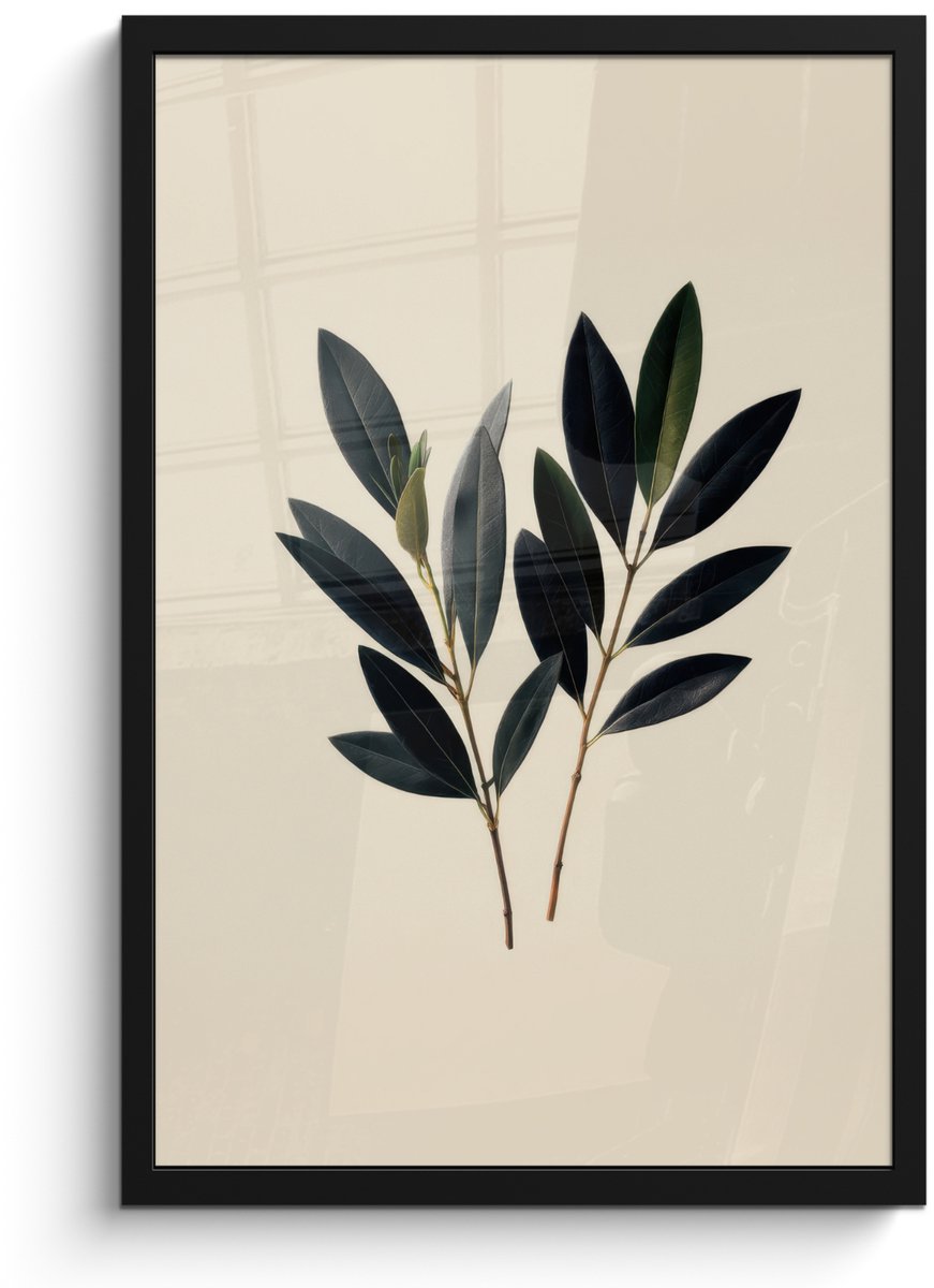 FrameYourWall Poster in lijst - Fotolijst 40x60 cm - Posters - Ovaalvormige bladeren - Diep groen - Symmetrisch - Posterlijst zwart - Decoratie - Wanddecoratie woonkamer - Muurdecoratie slaapkamer