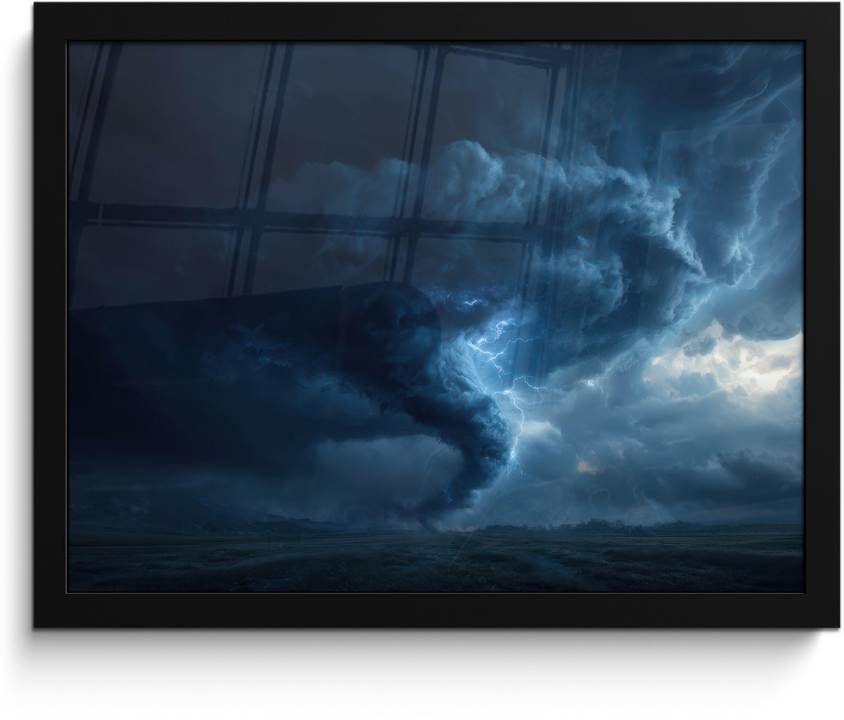 FrameYourWall Poster in lijst - Fotolijst 40x30 cm - Posters - Tornado - Duister - Wolken - Posterlijst zwart - Decoratie - Wanddecoratie woonkamer - Muurdecoratie slaapkamer Tornado - Bliksem
