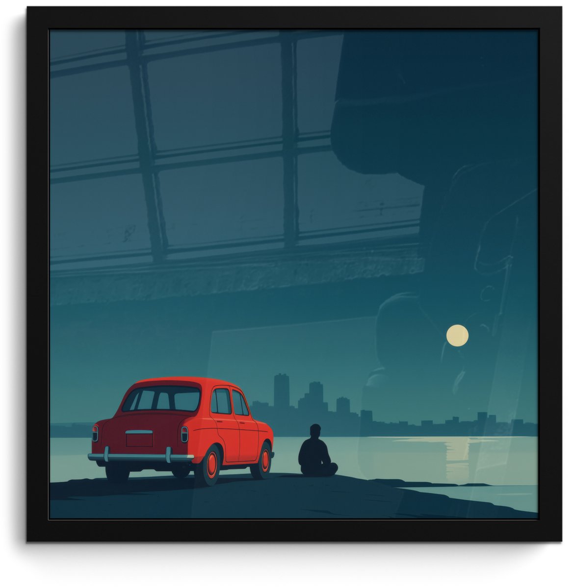 FrameYourWall Poster in lijst - Fotolijst 40x40 cm - Posters - Auto - Volle maan - Uitkijkend over water - Posterlijst zwart - Decoratie - Wanddecoratie woonkamer - Muurdecoratie slaapkamer Water - Maan
