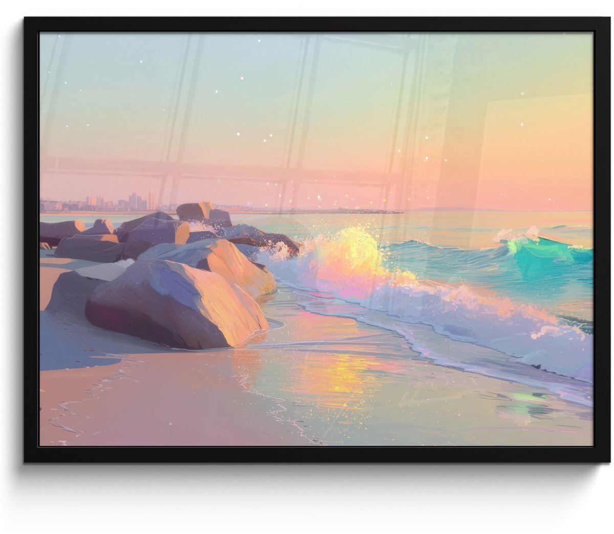 FrameYourWall Poster in lijst - Fotolijst 80x60 cm - Posters - Zomerlicht - Strand - Fonkelende accenten - Posterlijst zwart - Decoratie - Wanddecoratie woonkamer - Muurdecoratie slaapkamer Strand - Zee - Stad