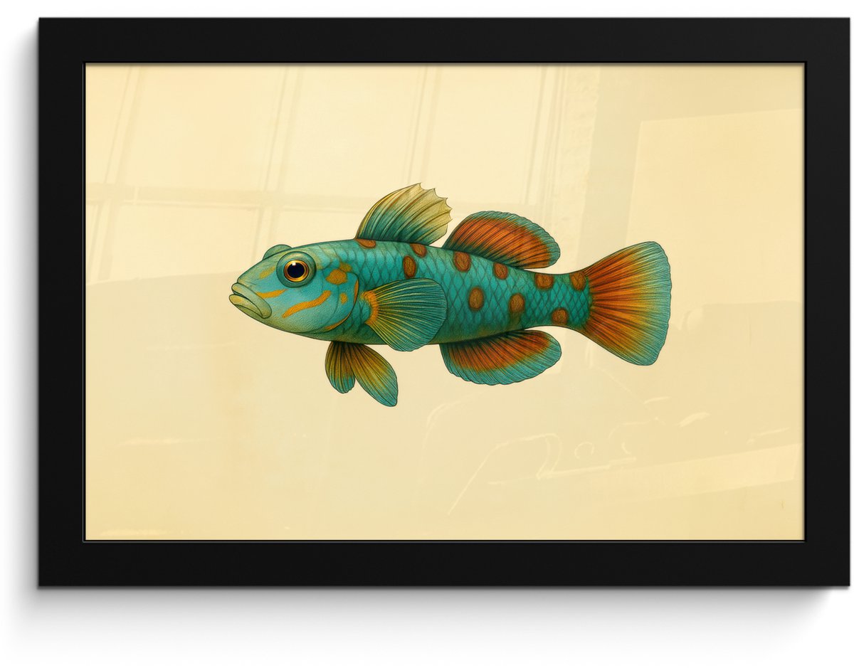 FrameYourWall Poster in lijst - Fotolijst 30x20 cm - Posters - Vis - Blauw - Stippen - Schubben - Posterlijst zwart - Decoratie - Wanddecoratie woonkamer - Muurdecoratie slaapkamer Vis - Stippen