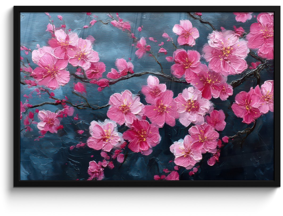 FrameYourWall Poster in lijst - Fotolijst 90x60 cm - Posters - Bloem - Bloesems - Roze - Abstract - Posterlijst zwart - Decoratie - Wanddecoratie woonkamer - Muurdecoratie slaapkamer Bloemen