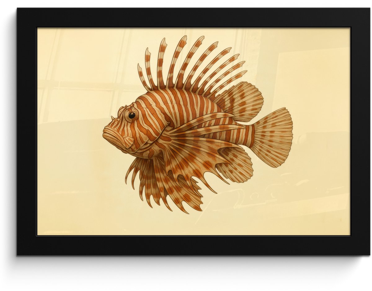 FrameYourWall Poster in lijst - Fotolijst 30x20 cm - Posters - Strepen - Vis - Rond - Stekels - Posterlijst zwart - Decoratie - Wanddecoratie woonkamer - Muurdecoratie slaapkamer Vis - Stekels