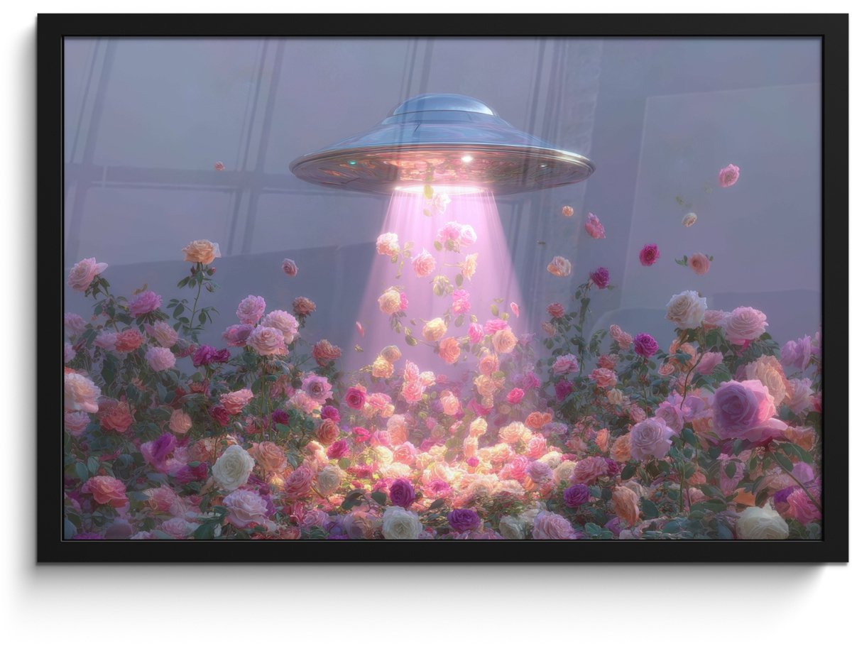 FrameYourWall Poster in lijst - Fotolijst 60x40 cm - Posters - Ufo - Rozen - Pastelkleuren - Posterlijst zwart - Decoratie - Wanddecoratie woonkamer - Muurdecoratie slaapkamer