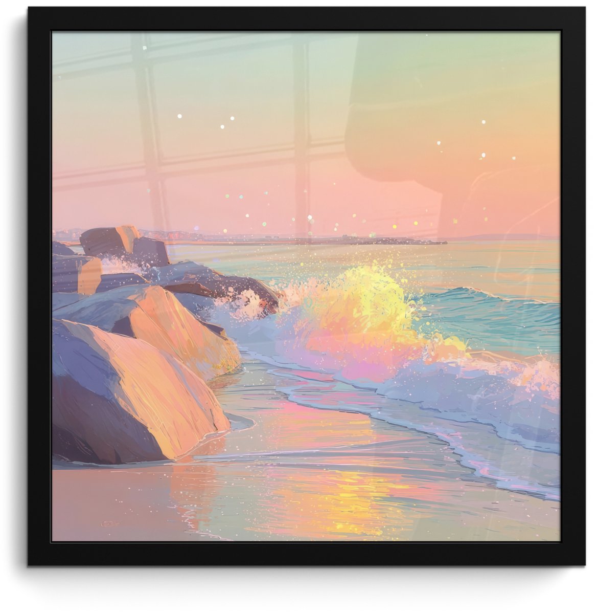 FrameYourWall Poster in lijst - Fotolijst 40x40 cm - Posters - Zomerlicht - Strand - Fonkelende accenten - Posterlijst zwart - Decoratie - Wanddecoratie woonkamer - Muurdecoratie slaapkamer Strand - Zee - Stad