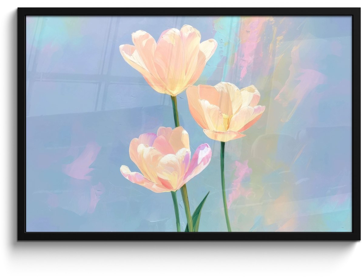 FrameYourWall Poster in lijst - Fotolijst 90x60 cm - Posters - Tulpen - Roze accenten - Blauw - Posterlijst zwart - Decoratie - Wanddecoratie woonkamer - Muurdecoratie slaapkamer
