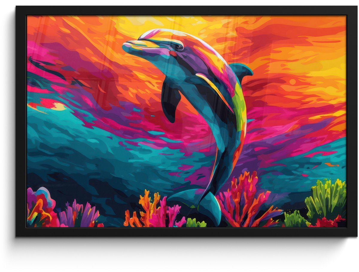 FrameYourWall Poster in lijst - Fotolijst 60x40 cm - Posters - Dolfijn - Kleurrijk - Oceaan - Koraal - Posterlijst zwart - Decoratie - Wanddecoratie woonkamer - Muurdecoratie slaapkamer