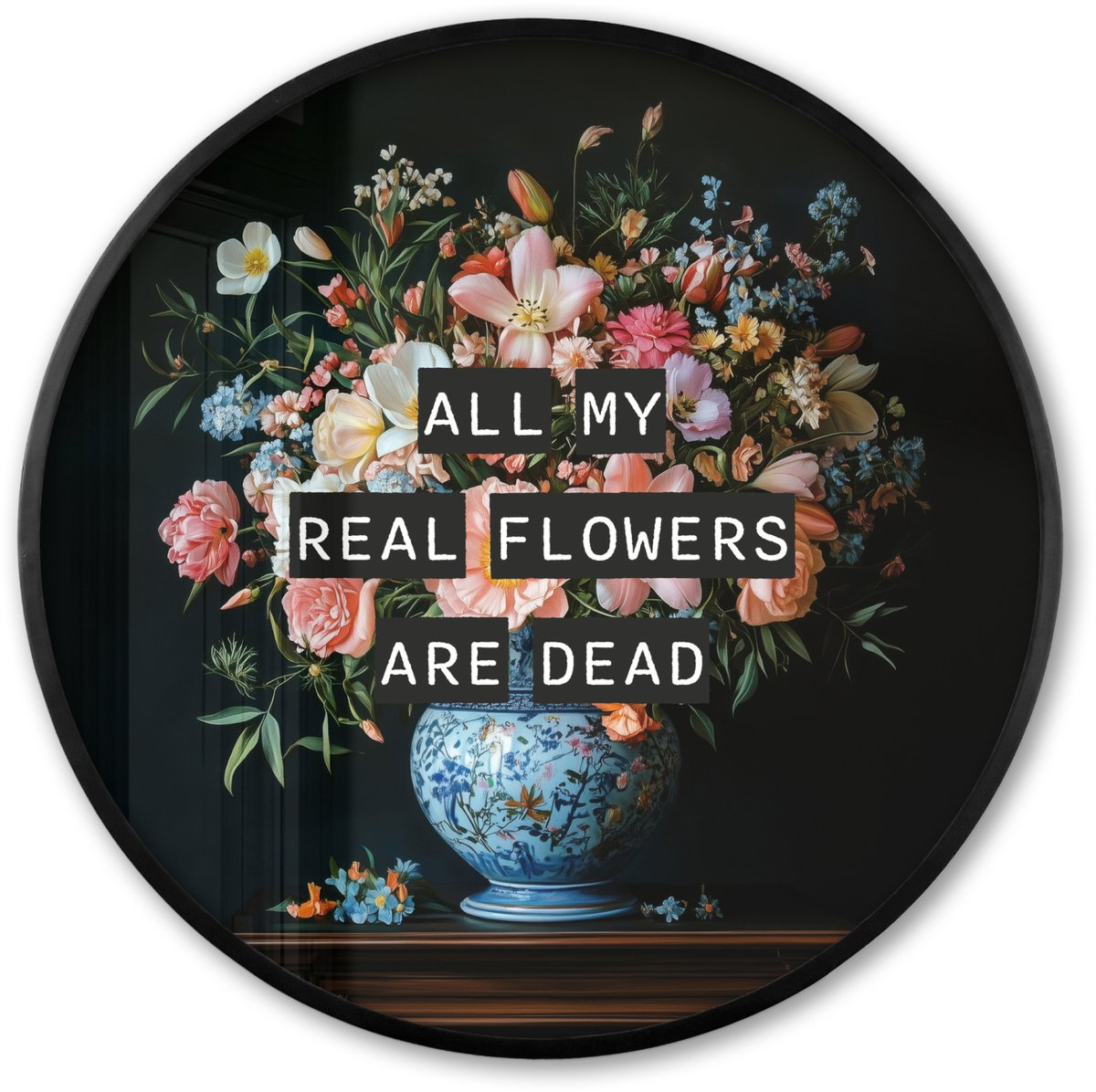 FrameYourWall Poster in lijst Rond - Fotolijst 60x60 cm - Posters - Bloemen - Art - Pastel - Quotes - Ronde posterlijst zwart - Decoratie - Wanddecoratie woonkamer - Muurdecoratie slaapkamer Bloemen - Vaas - Quote
