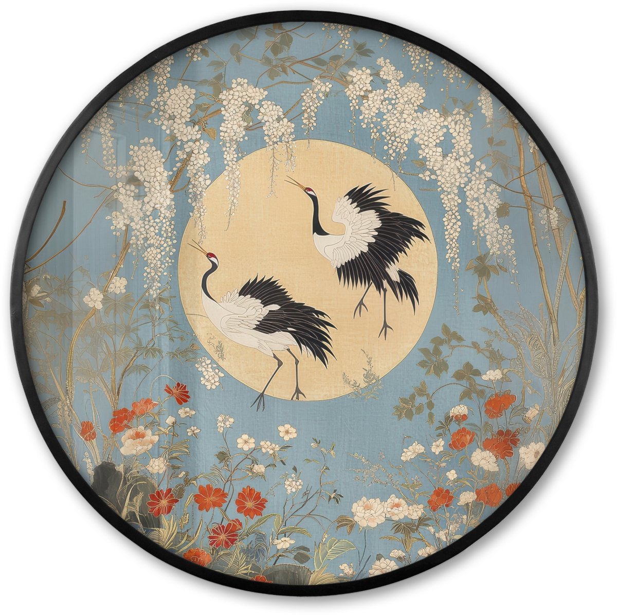 FrameYourWall Poster in lijst Rond - Fotolijst 60x60 cm - Posters - Kraanvogels - Maan - Bloemen - Blauw - Ronde posterlijst zwart - Decoratie - Wanddecoratie woonkamer - Muurdecoratie slaapkamer
