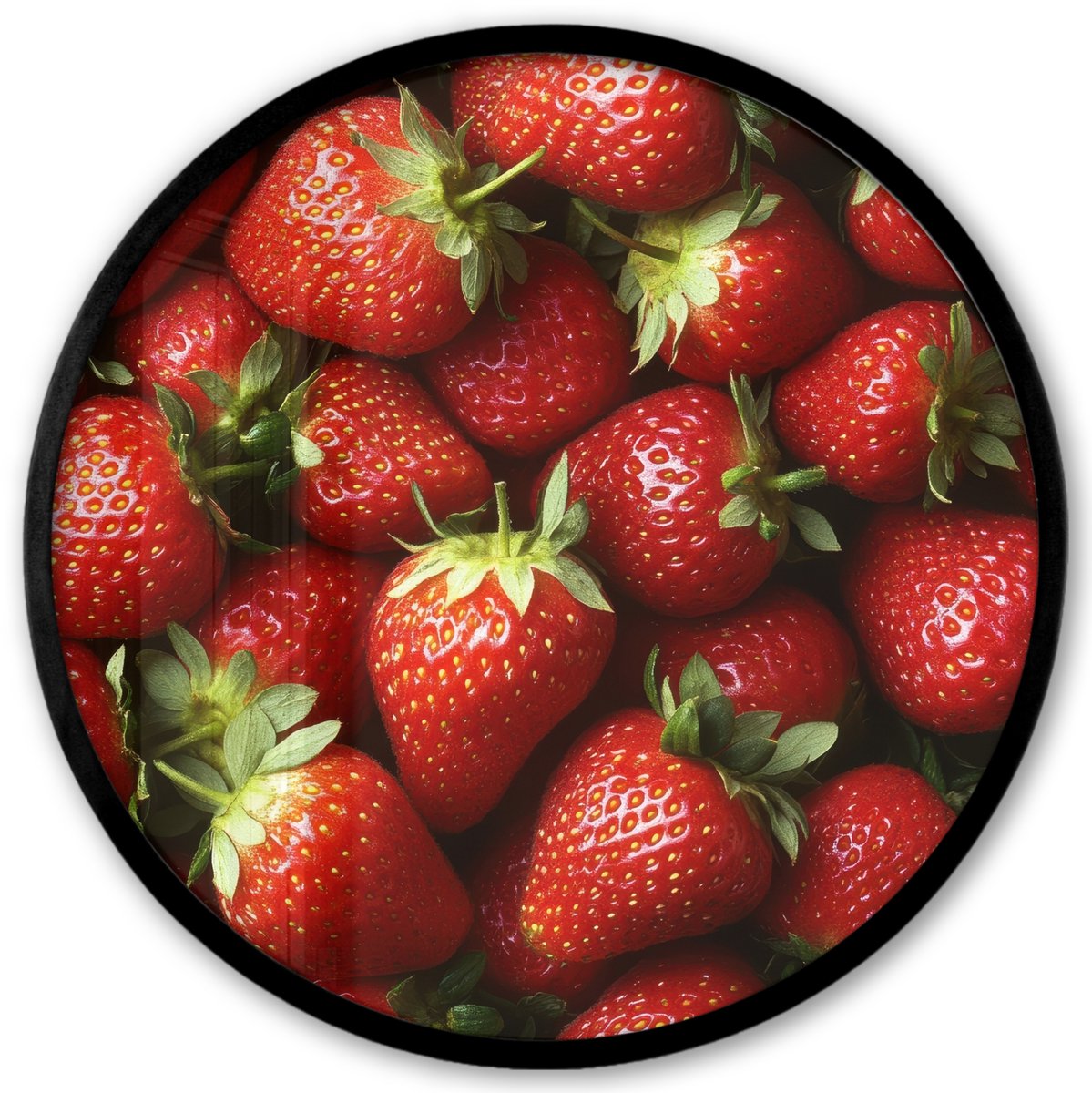 FrameYourWall Poster in lijst Rond - Fotolijst 40x40 cm - Posters - Aardbei - Fruit - Rood - Ronde posterlijst zwart - Decoratie - Wanddecoratie woonkamer - Muurdecoratie slaapkamer Aardbeien