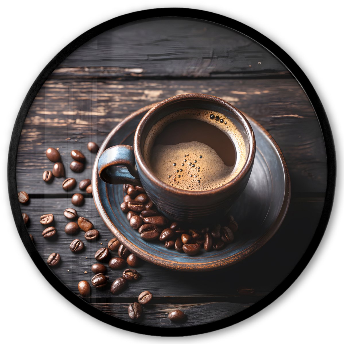 FrameYourWall Poster in lijst Rond - Fotolijst 40x40 cm - Posters - Kop - Koffie - Hout - Bonen - Ronde posterlijst zwart - Decoratie - Wanddecoratie woonkamer - Muurdecoratie slaapkamer Bonen - Koffie
