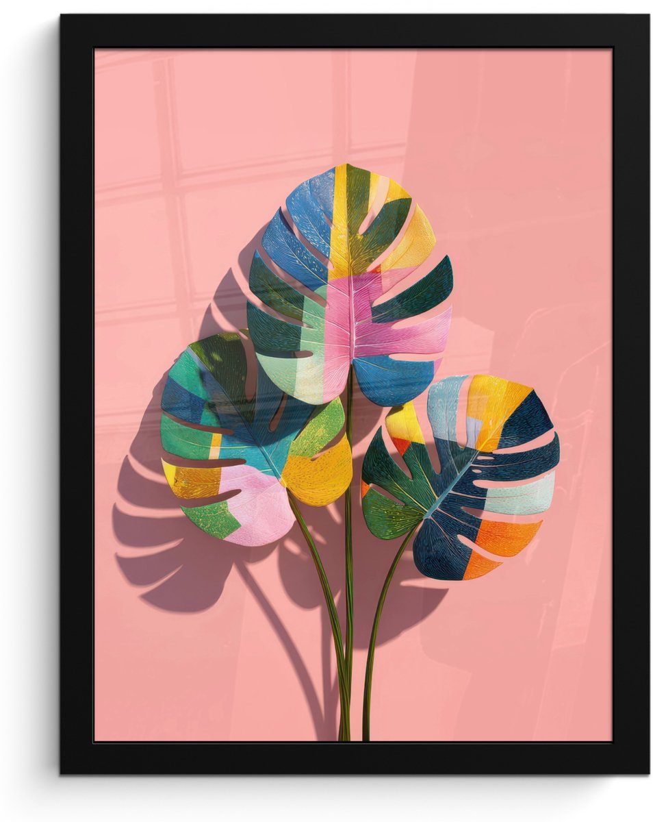 FrameYourWall Poster in lijst - Fotolijst 30x40 cm - Posters - Bladeren - Geschilderd - Vlakken - Kleurrijk - Posterlijst zwart - Decoratie - Wanddecoratie woonkamer - Muurdecoratie slaapkamer