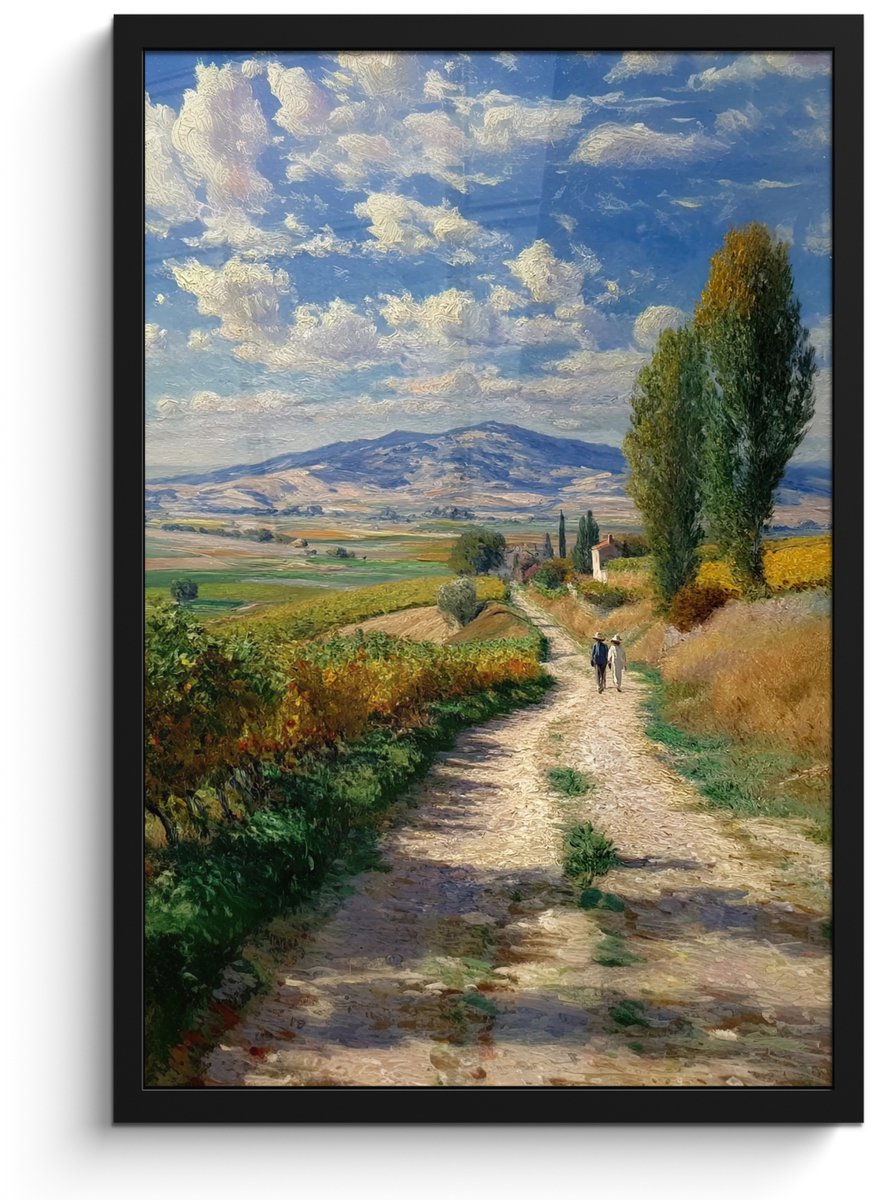 FrameYourWall Poster in lijst - Fotolijst 40x60 cm - Posters - Mensen - Wandelen - Zandpad - Velden - Posterlijst zwart - Decoratie - Wanddecoratie woonkamer - Muurdecoratie slaapkamer Zandpad - Velden - Bergen