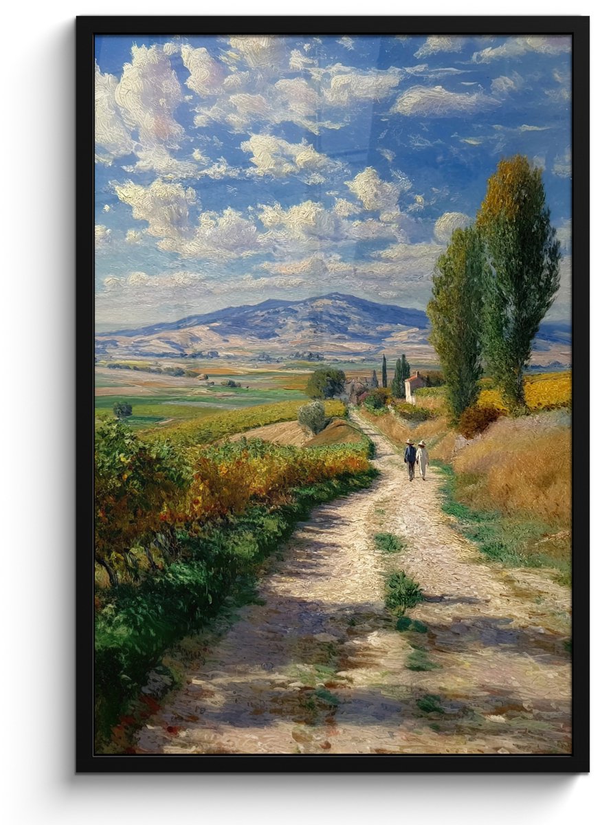 FrameYourWall Poster in lijst - Fotolijst 60x90 cm - Posters - Mensen - Wandelen - Zandpad - Velden - Posterlijst zwart - Decoratie - Wanddecoratie woonkamer - Muurdecoratie slaapkamer Zandpad - Velden - Bergen