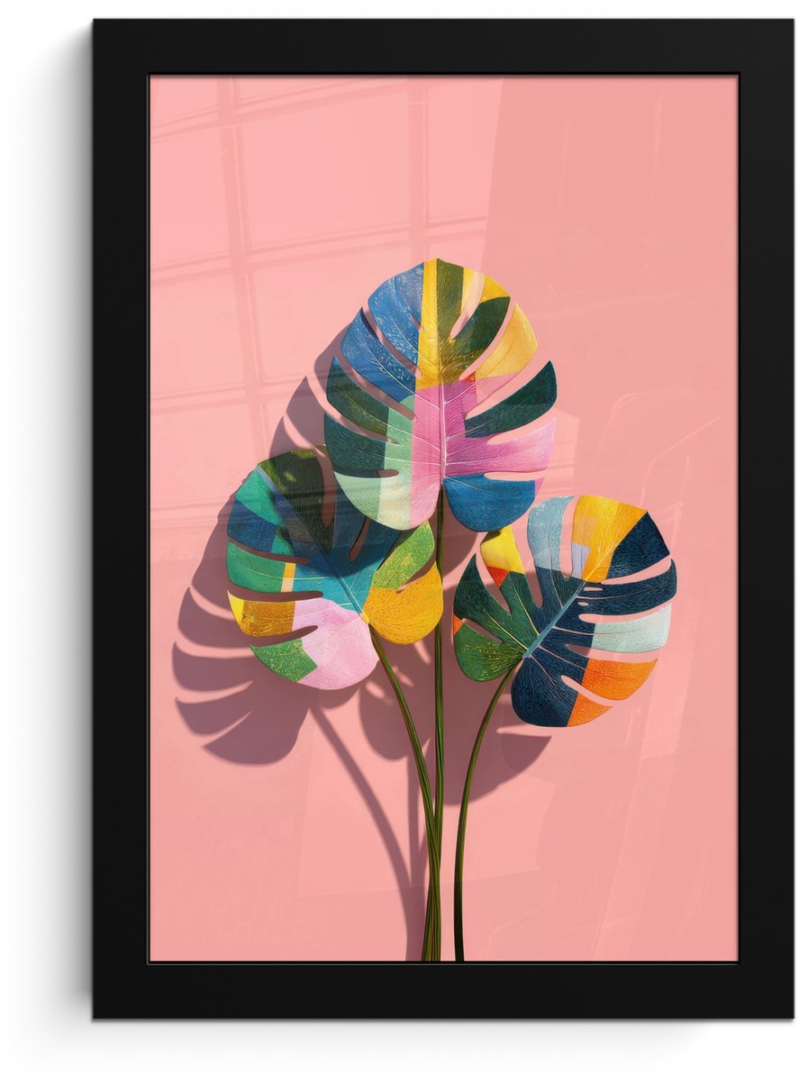 FrameYourWall Poster in lijst - Fotolijst 20x30 cm - Posters - Bladeren - Geschilderd - Vlakken - Kleurrijk - Posterlijst zwart - Decoratie - Wanddecoratie woonkamer - Muurdecoratie slaapkamer