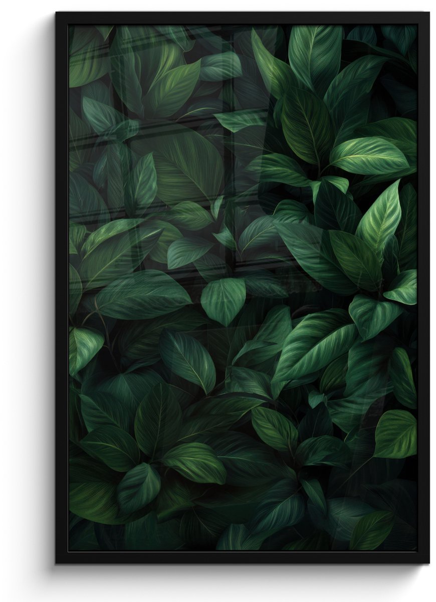 FrameYourWall Poster in lijst - Fotolijst 60x90 cm - Posters - Bladeren - Ovaal - Groen - Nerven - Posterlijst zwart - Decoratie - Wanddecoratie woonkamer - Muurdecoratie slaapkamer