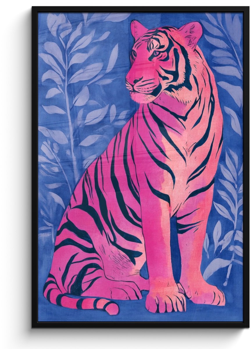 FrameYourWall Poster in lijst - Fotolijst 80x120 cm - Posters - Tijger - Roze - Bladeren - Jungle - Posterlijst zwart - Decoratie - Wanddecoratie woonkamer - Muurdecoratie slaapkamer Tijger - Bladeren
