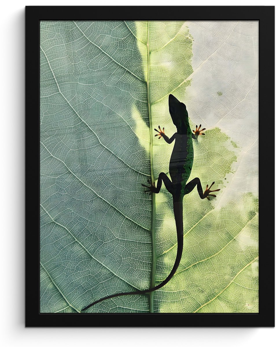 FrameYourWall Poster in lijst - Fotolijst 30x40 cm - Posters - Hagedis - Blad - Nerven - Groen - Posterlijst zwart - Decoratie - Wanddecoratie woonkamer - Muurdecoratie slaapkamer