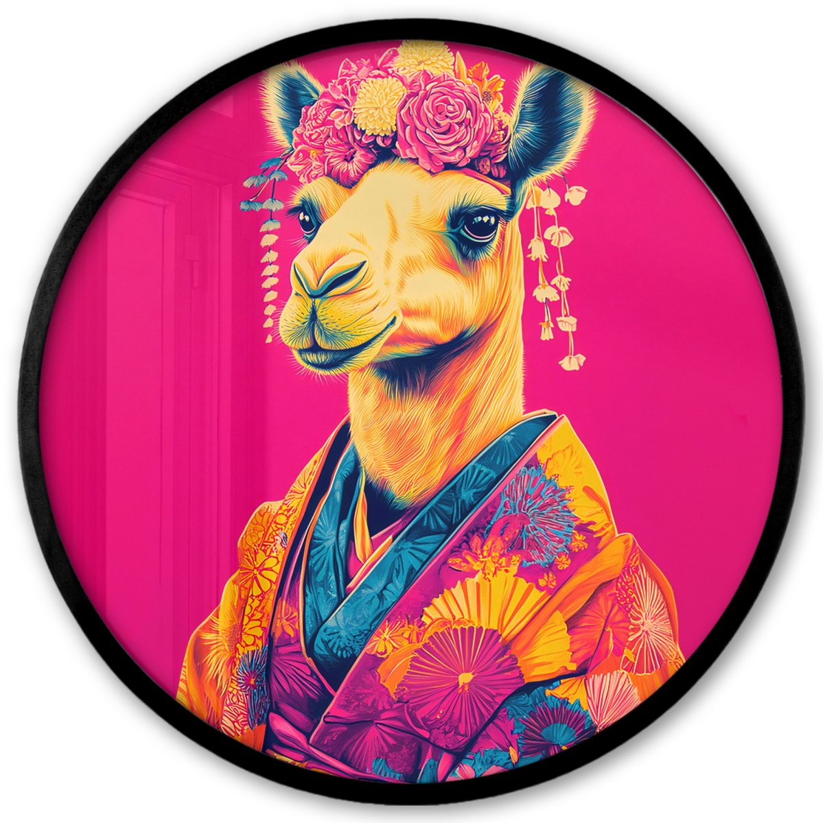 FrameYourWall Poster in lijst Rond - Fotolijst 40x40 cm - Posters - Kameel - Bloemen - Kimono - Waaiers - Ronde posterlijst zwart - Decoratie - Wanddecoratie woonkamer - Muurdecoratie slaapkamer