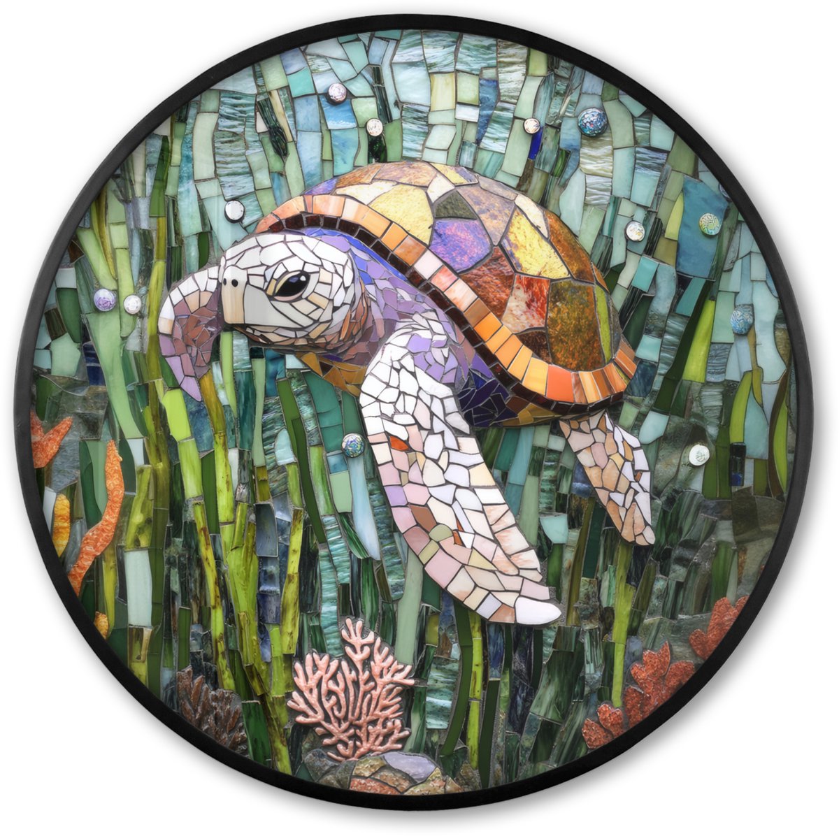 FrameYourWall Poster in lijst Rond - Fotolijst 60x60 cm - Posters - Schildpad - Zeewier - Mozaïek - Ronde posterlijst zwart - Decoratie - Wanddecoratie woonkamer - Muurdecoratie slaapkamer