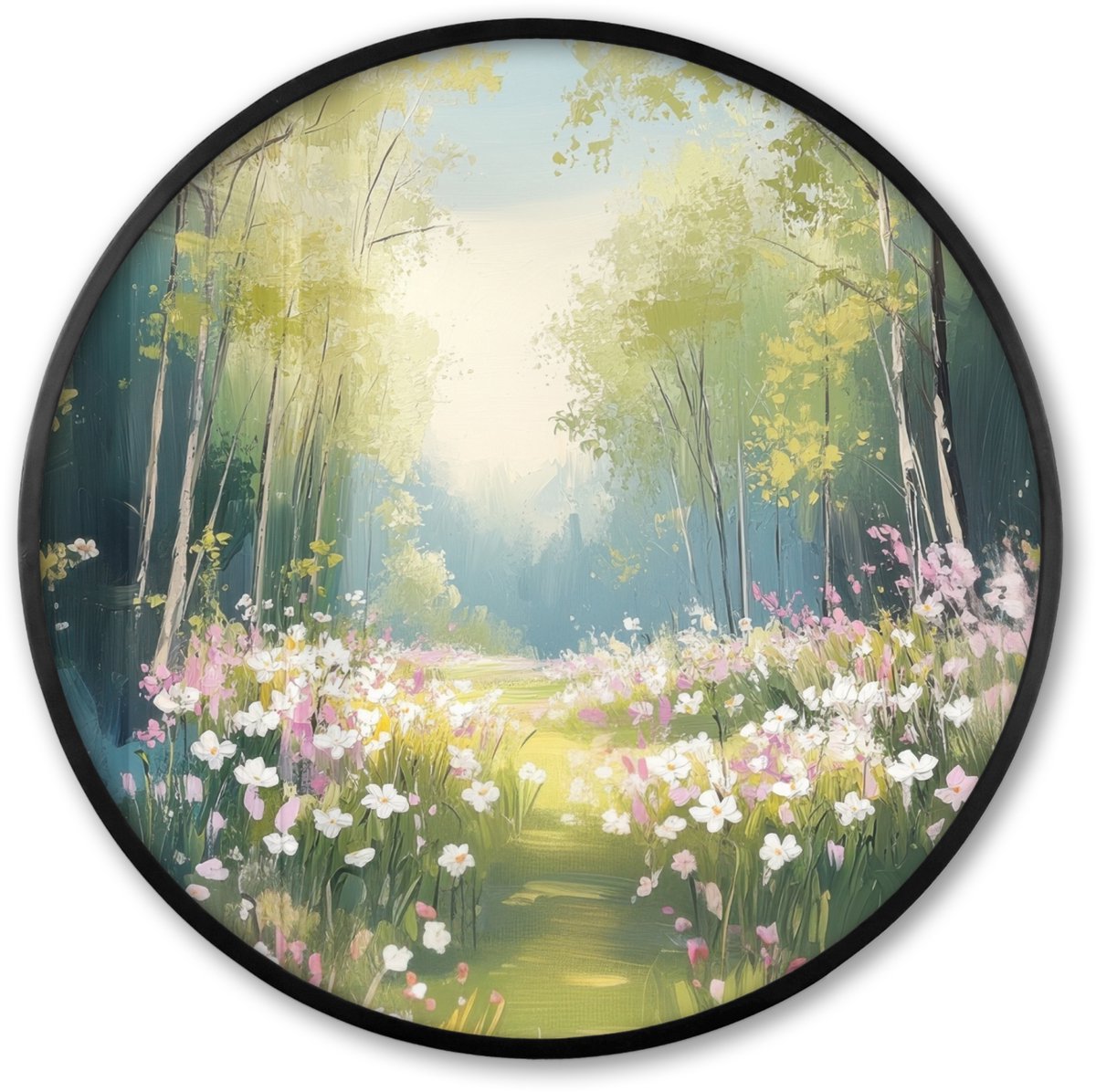 FrameYourWall Poster in lijst Rond - Fotolijst 60x60 cm - Posters - Bos - Schilderstijl - Kleurrijk - Ronde posterlijst zwart - Decoratie - Wanddecoratie woonkamer - Muurdecoratie slaapkamer Landschap - Bos