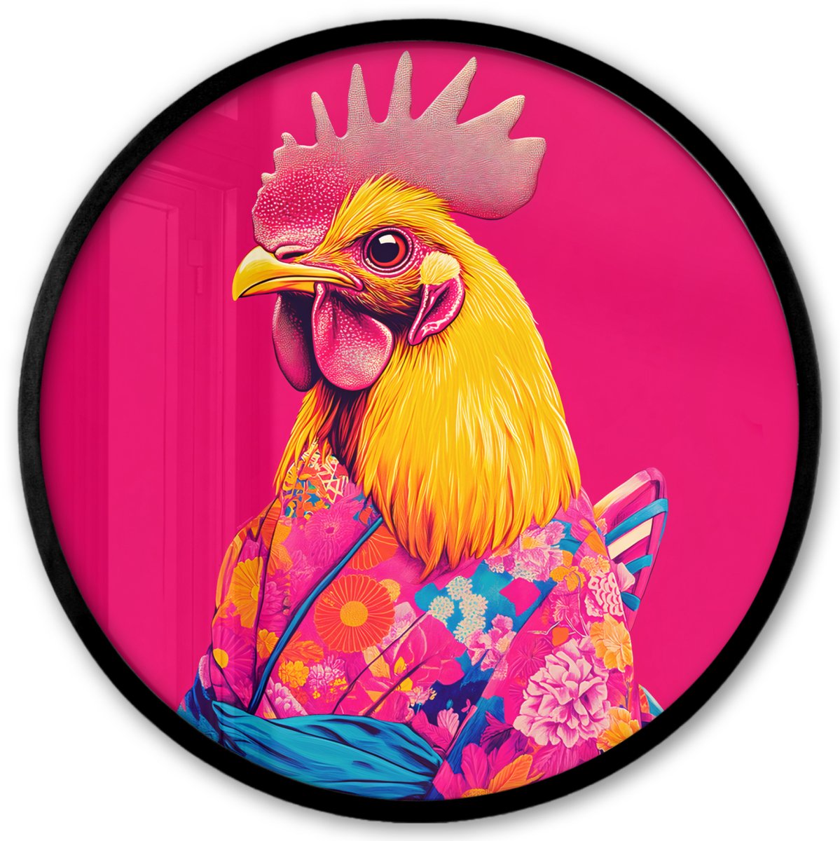 FrameYourWall Poster in lijst Rond - Fotolijst 40x40 cm - Posters - Haan - Kleurrijk - Kimono - Roze - Ronde posterlijst zwart - Decoratie - Wanddecoratie woonkamer - Muurdecoratie slaapkamer