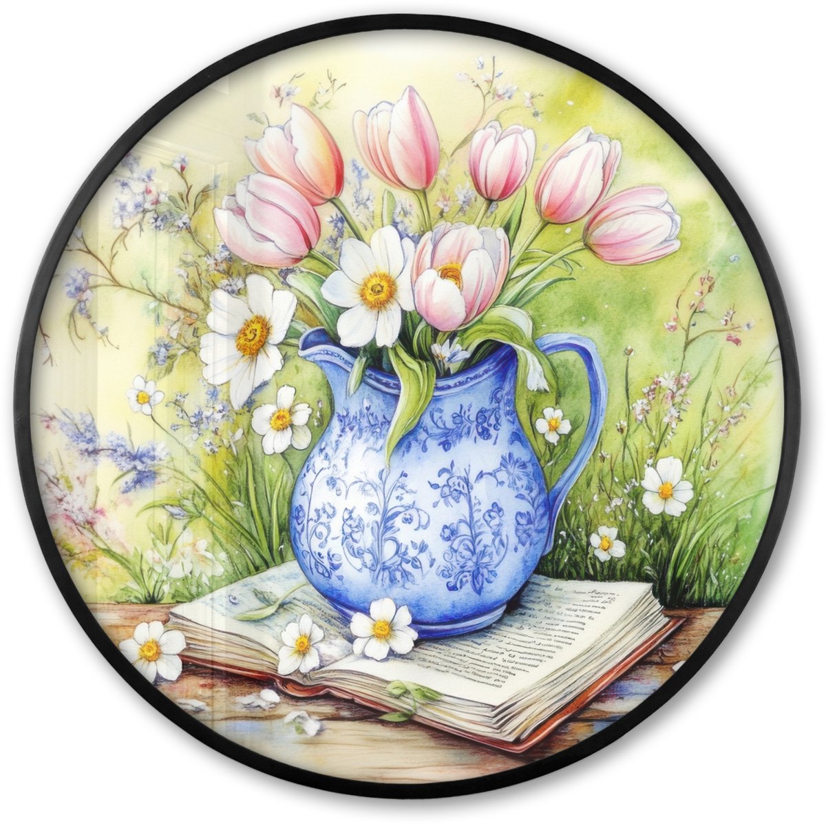 FrameYourWall Poster in lijst Rond - Fotolijst 80x80 cm - Posters - Vaas - Delftsblauw - Madeliefjes - Ronde posterlijst zwart - Decoratie - Wanddecoratie woonkamer - Muurdecoratie slaapkamer