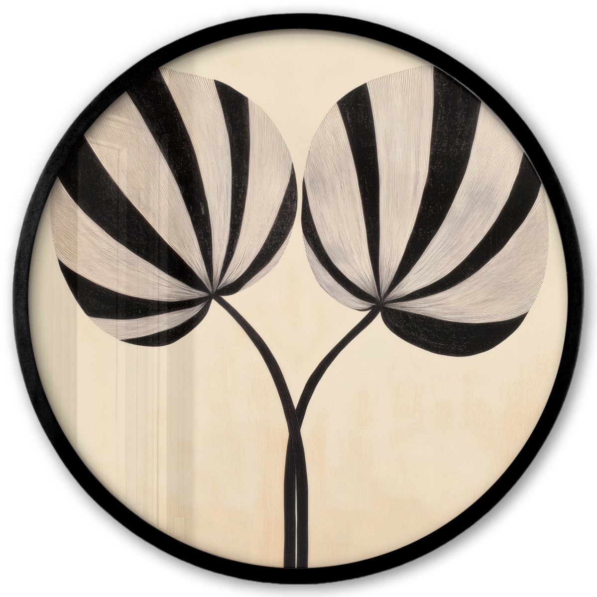FrameYourWall Poster in lijst Rond - Fotolijst 40x40 cm - Posters - Bladeren - Gestreept - Stengel - Beige - Ronde posterlijst zwart - Decoratie - Wanddecoratie woonkamer - Muurdecoratie slaapkamer
