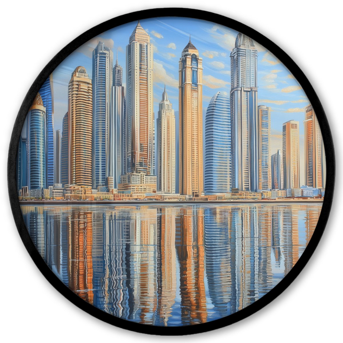 FrameYourWall Poster in lijst Rond - Fotolijst 40x40 cm - Posters - Skyline - Wolkenkrabbers - Water - Blauw - Ronde posterlijst zwart - Decoratie - Wanddecoratie woonkamer - Muurdecoratie slaapkamer