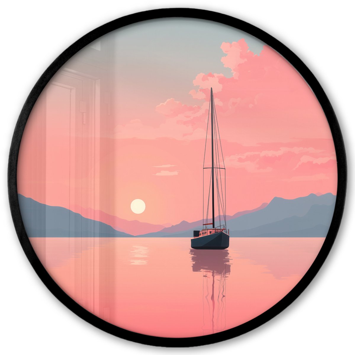FrameYourWall Poster in lijst Rond - Fotolijst 40x40 cm - Posters - Zeilboot - Roze zee - Zonsondergang - Bergen - Ronde posterlijst zwart - Decoratie - Wanddecoratie woonkamer - Muurdecoratie slaapkamer Zeilboot - Zee - Bergen