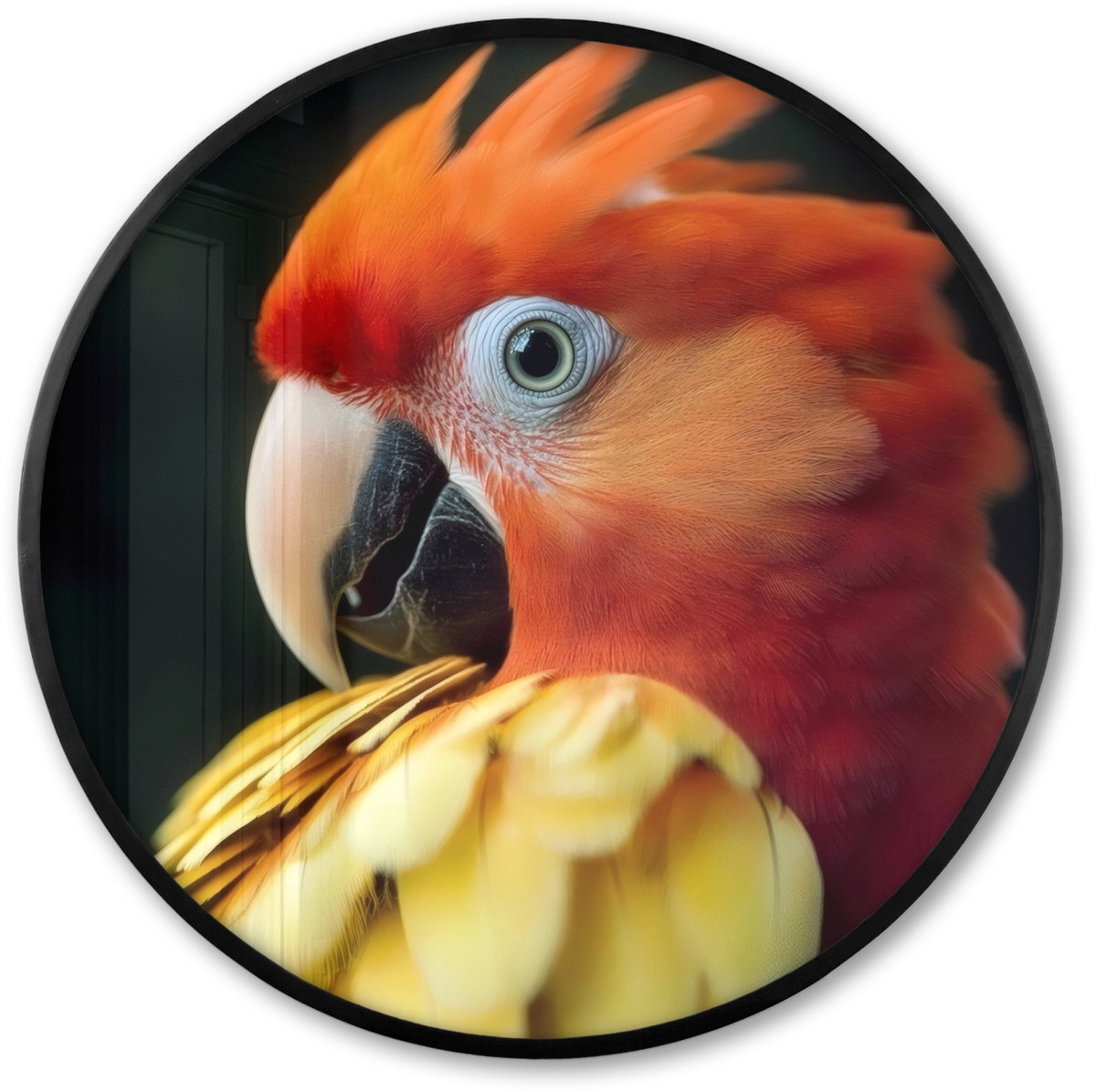 FrameYourWall Poster in lijst Rond - Fotolijst 80x80 cm - Posters - Close-up - Papegaai - Veren - Oranje - Ronde posterlijst zwart - Decoratie - Wanddecoratie woonkamer - Muurdecoratie slaapkamer