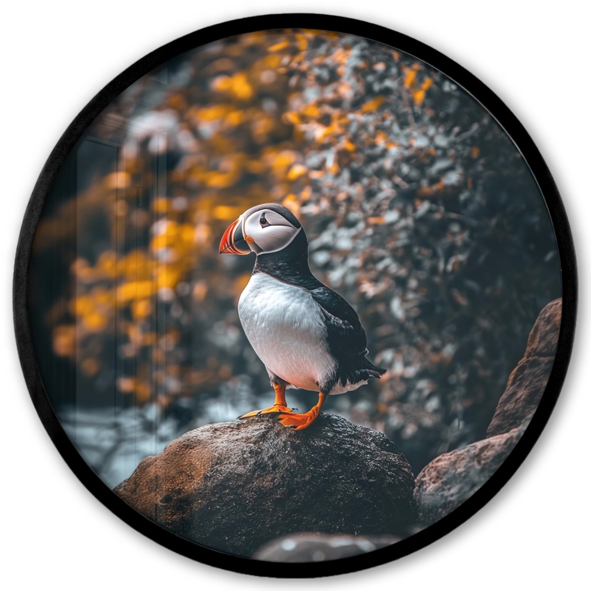 FrameYourWall Poster in lijst Rond - Fotolijst 40x40 cm - Posters - Papegaai - Vogel - Rots - Wit - Ronde posterlijst zwart - Decoratie - Wanddecoratie woonkamer - Muurdecoratie slaapkamer Papegaaiduiker