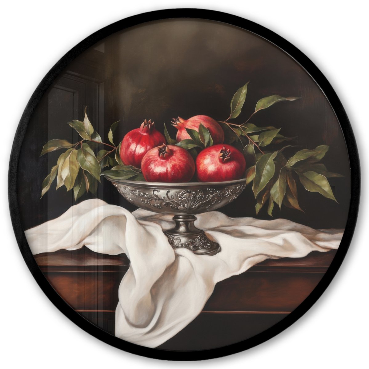 FrameYourWall Poster in lijst Rond - Fotolijst 40x40 cm - Posters - Granaatappels - Klassiek - Vintage - Ronde posterlijst zwart - Decoratie - Wanddecoratie woonkamer - Muurdecoratie slaapkamer Granaatappels - Stilleven