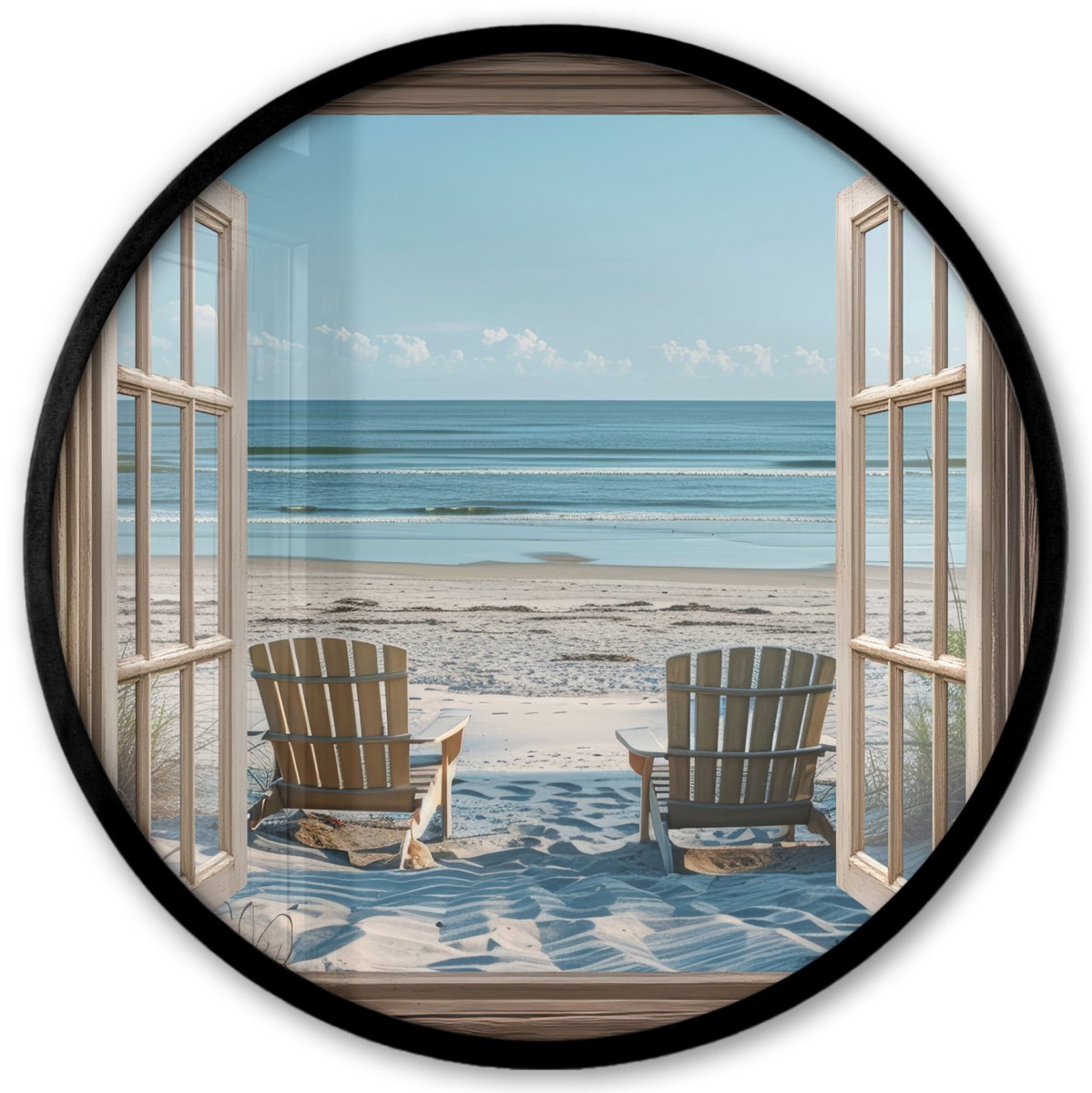 FrameYourWall Poster in lijst Rond - Fotolijst 40x40 cm - Posters - Doorkijk - Strandstoelen - Duinen - Zee - Natuur - Ronde posterlijst zwart - Decoratie - Wanddecoratie woonkamer - Muurdecoratie slaapkamer Strand - Stoelen