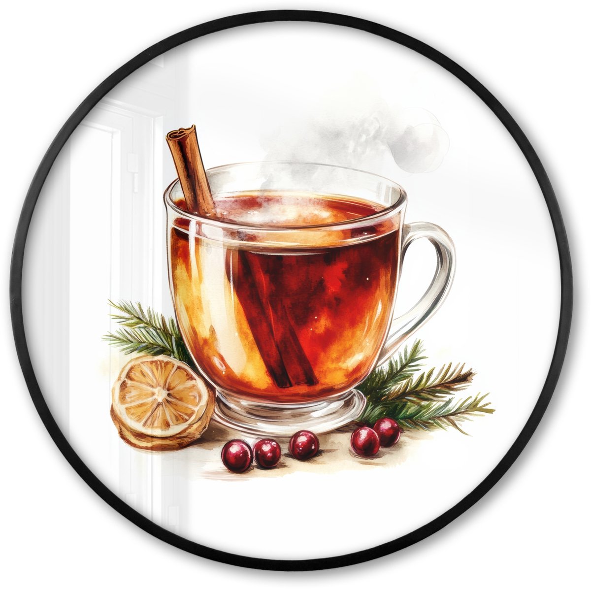 FrameYourWall Poster in lijst Rond - Fotolijst 60x60 cm - Posters - Thee - Warm - Winter - Sfeer - Ronde posterlijst zwart - Decoratie - Wanddecoratie woonkamer - Muurdecoratie slaapkamer Winter - Thee