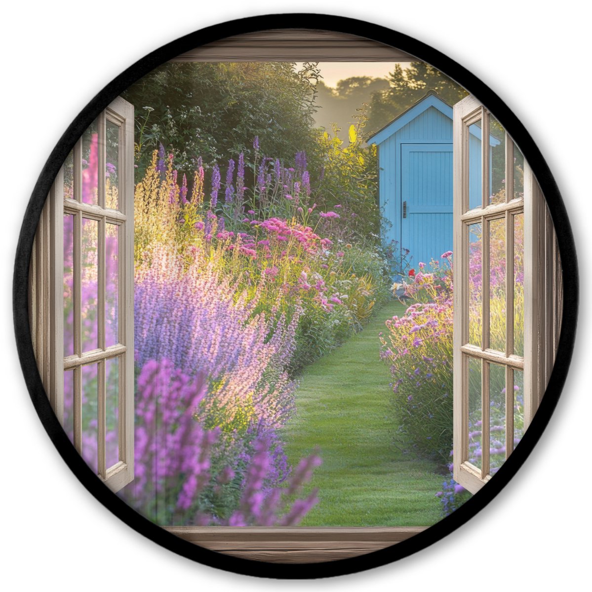 FrameYourWall Poster in lijst Rond - Fotolijst 40x40 cm - Posters - Doorkijk - Bloemen - Raam - Natuur - Ronde posterlijst zwart - Decoratie - Wanddecoratie woonkamer - Muurdecoratie slaapkamer Lavendel - Tuin