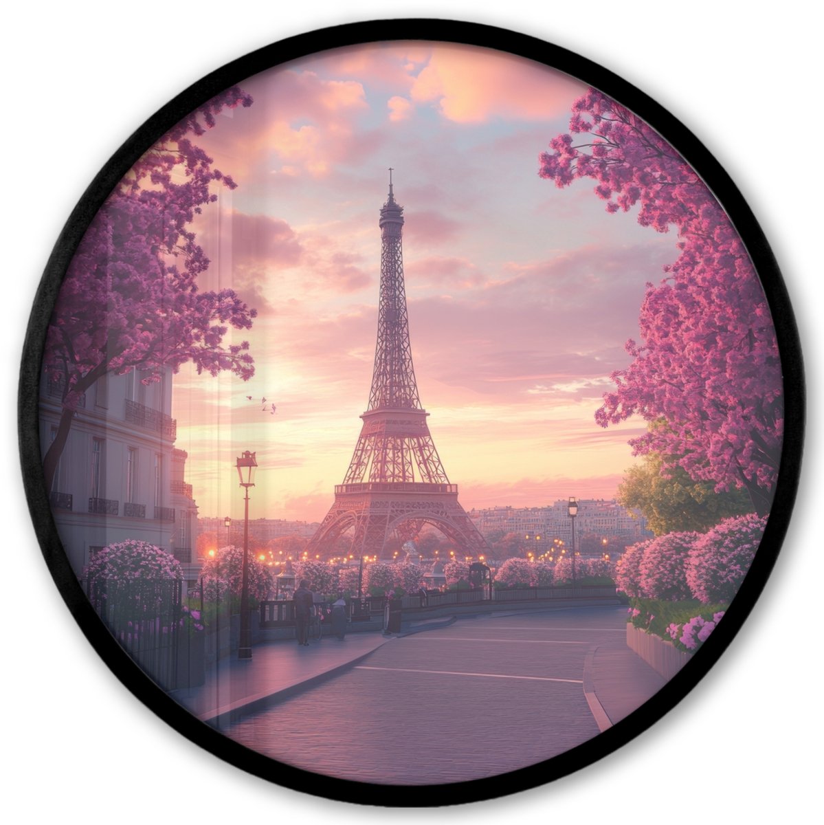 FrameYourWall Poster in lijst Rond - Fotolijst 40x40 cm - Posters - Eiffeltoren - Parijs - Roze - Ronde posterlijst zwart - Decoratie - Wanddecoratie woonkamer - Muurdecoratie slaapkamer