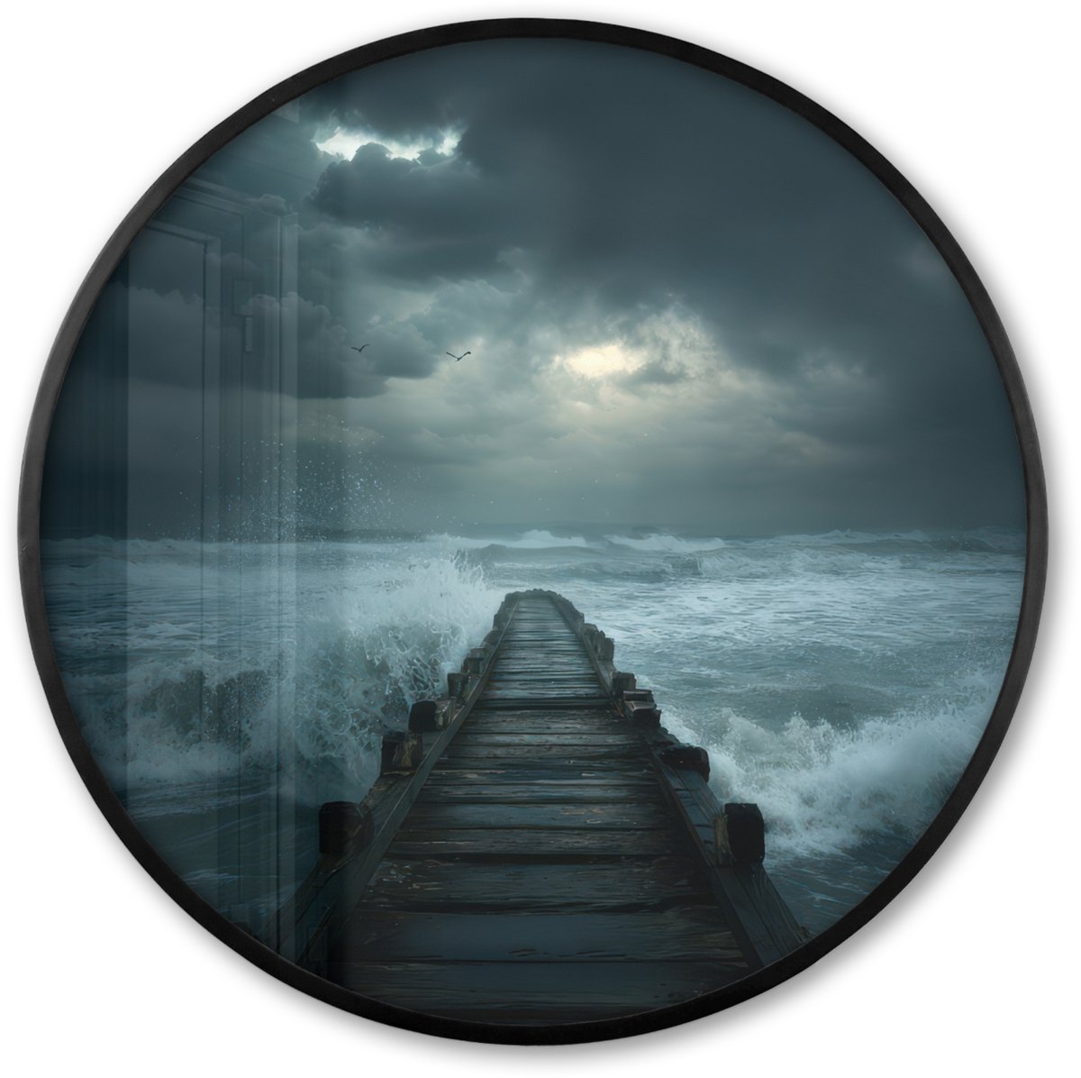 FrameYourWall Poster in lijst Rond - Fotolijst 80x80 cm - Posters - Steiger - Storm - Golven - Ronde posterlijst zwart - Decoratie - Wanddecoratie woonkamer - Muurdecoratie slaapkamer