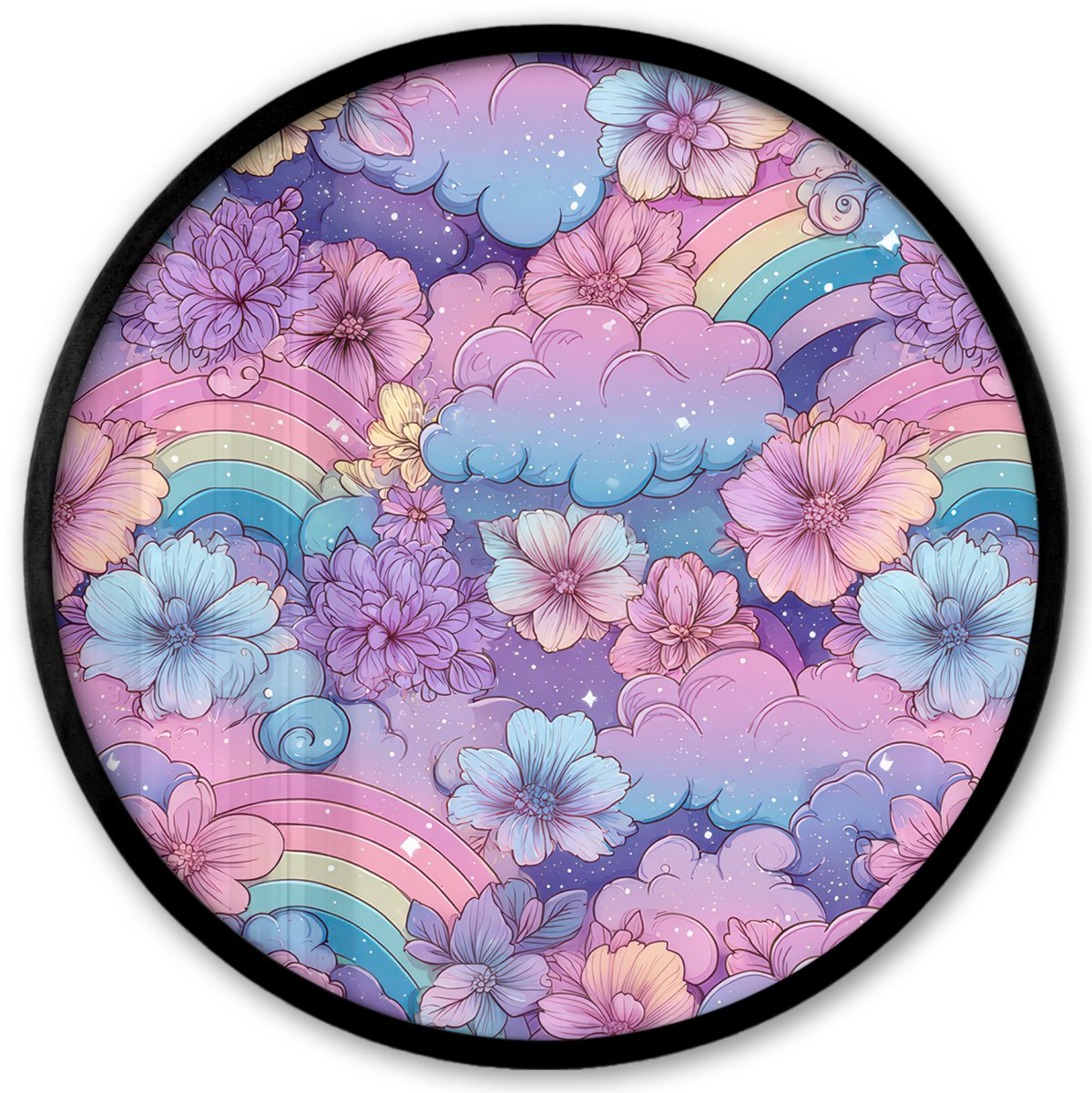 FrameYourWall Poster in lijst Rond - Fotolijst 40x40 cm - Posters - Regenbogen - Bloemen - Kleurrijk - Wolken - Ronde posterlijst zwart - Decoratie - Wanddecoratie woonkamer - Muurdecoratie slaapkamer