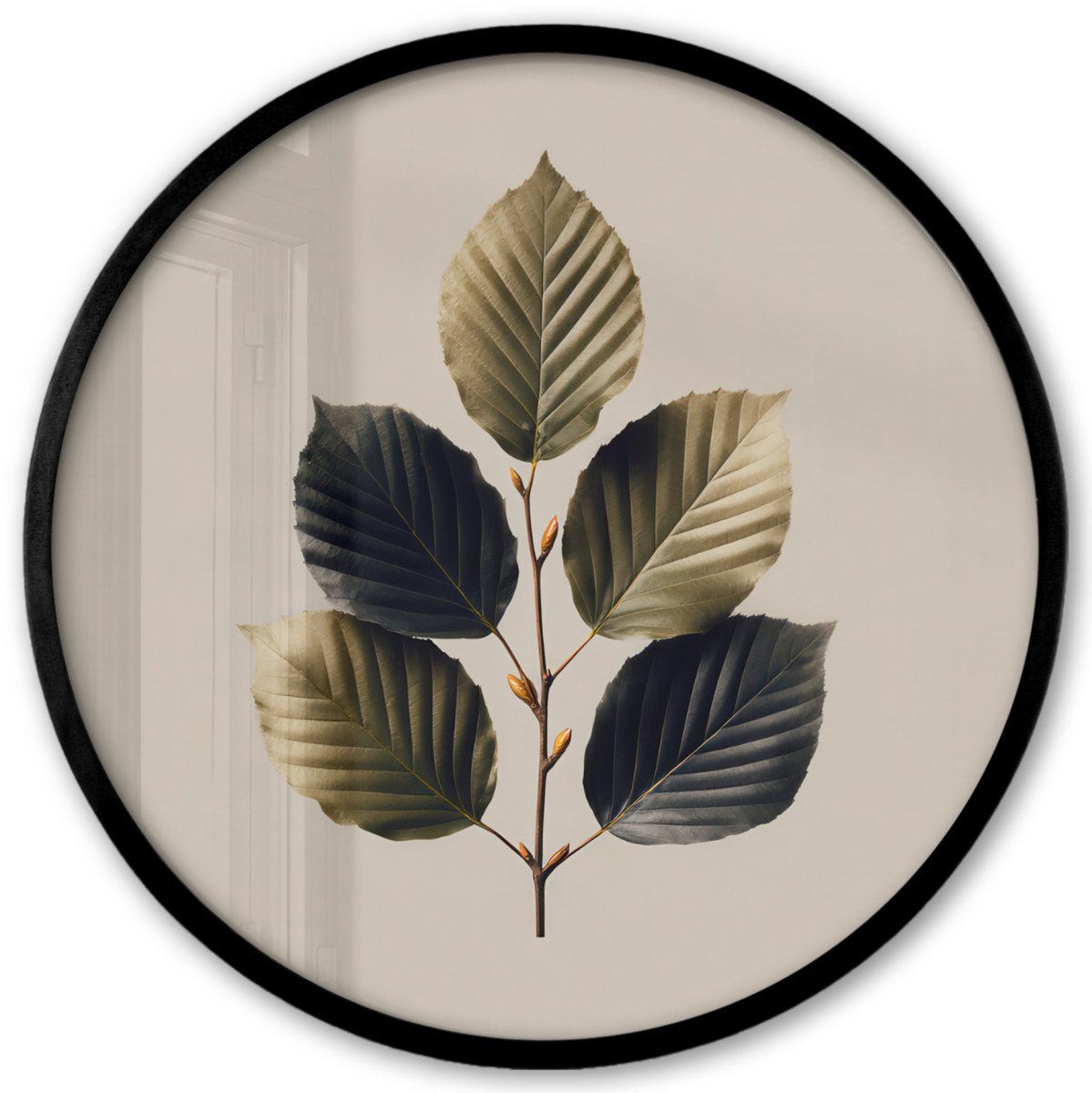 FrameYourWall Poster in lijst Rond - Fotolijst 40x40 cm - Posters - Beukenbladeren - Bruin - Groen - neutraal - Ronde posterlijst zwart - Decoratie - Wanddecoratie woonkamer - Muurdecoratie slaapkamer