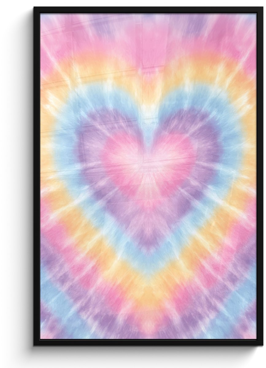 FrameYourWall Poster in lijst - Fotolijst 80x120 cm - Posters - Hartvorm - Pastelkleuren - Tie Dye - Posterlijst zwart - Decoratie - Wanddecoratie woonkamer - Muurdecoratie slaapkamer Multicolor